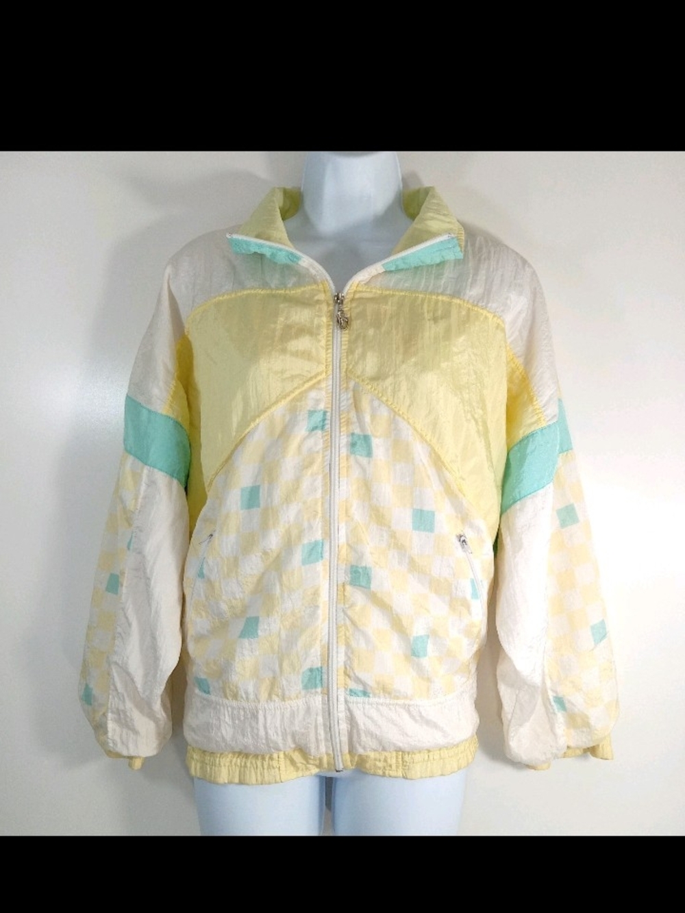 Vtg Lavon Yellow & Mint Checkerboard Windbreaker Jacket Womens Small